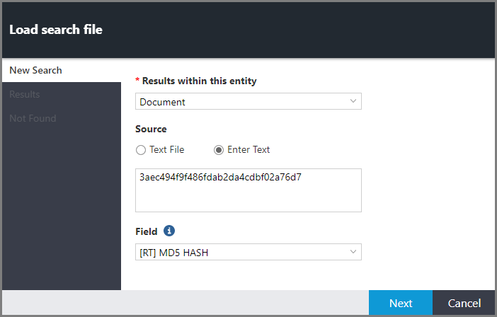 Load search file window showing Enter Text selected as the Source.
