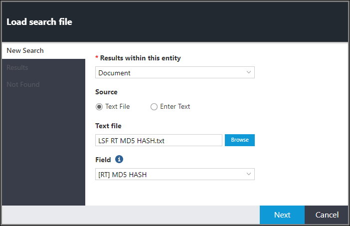 Load search file window showing Text File selected as the Source.
