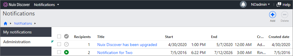 Notifications Administration page