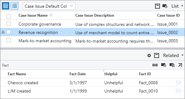 Entity items in the List pane and connected entity items in the Related pane.