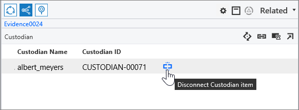 Related pane showing the Disconnect entity item button.
