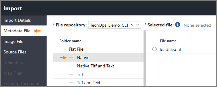 Metadata File page in the Imports window with a pointer to the Native folder.