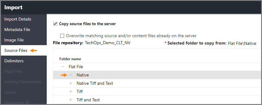 Source File page in the Imports window with a pointer to the Native folder.