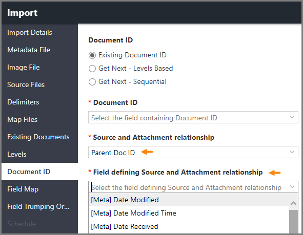 Document ID page in the Import window with pointers to the Parent ID option in the Source and Attachment relationship list and to the "Field defining Source and Attachment" list.